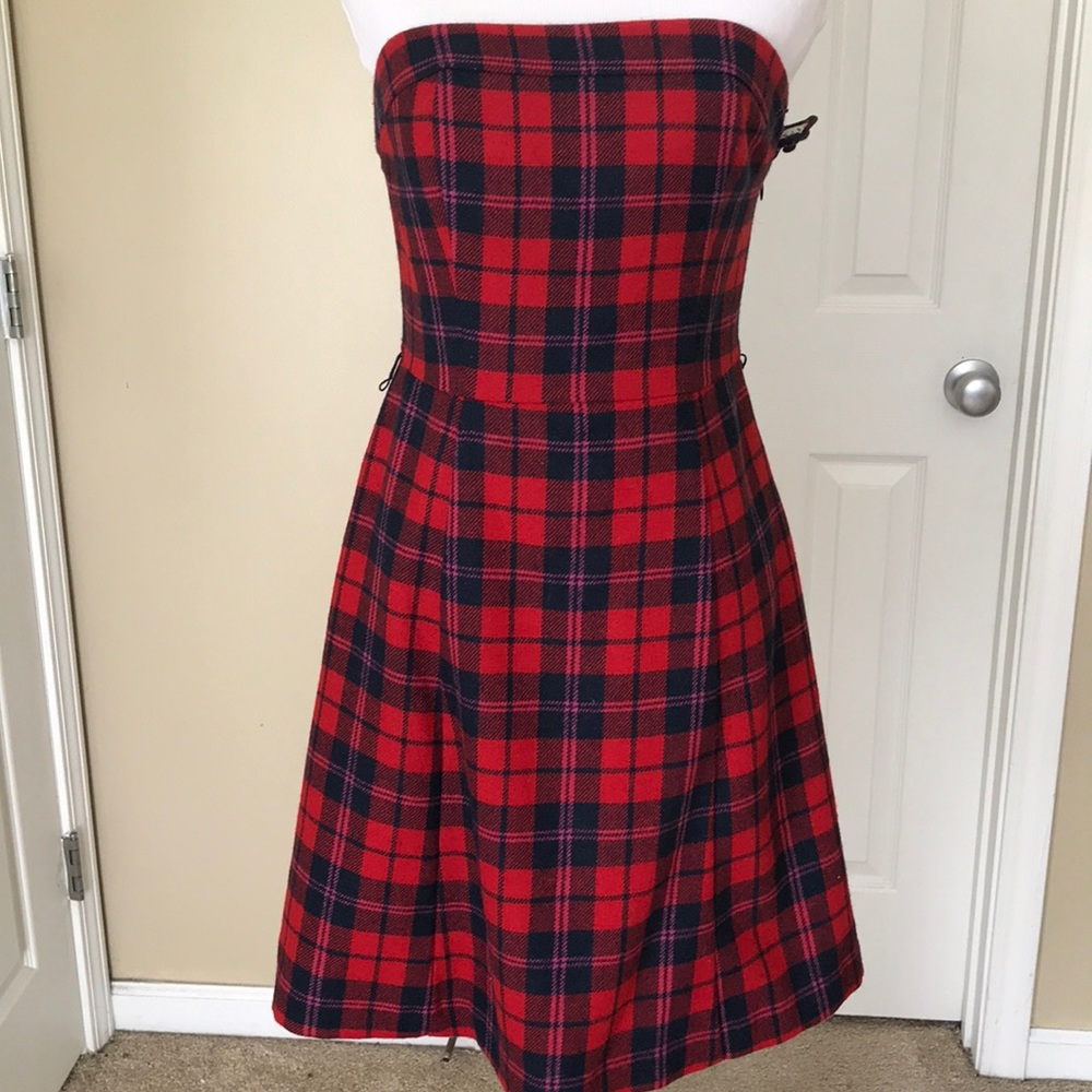 Red American Eagle Plaid Wool Strapless Dress